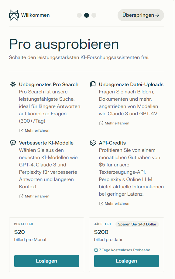 Das Pro-Modell in der Übersicht, © Perplexity, Texte und Icons, vier Blöcke