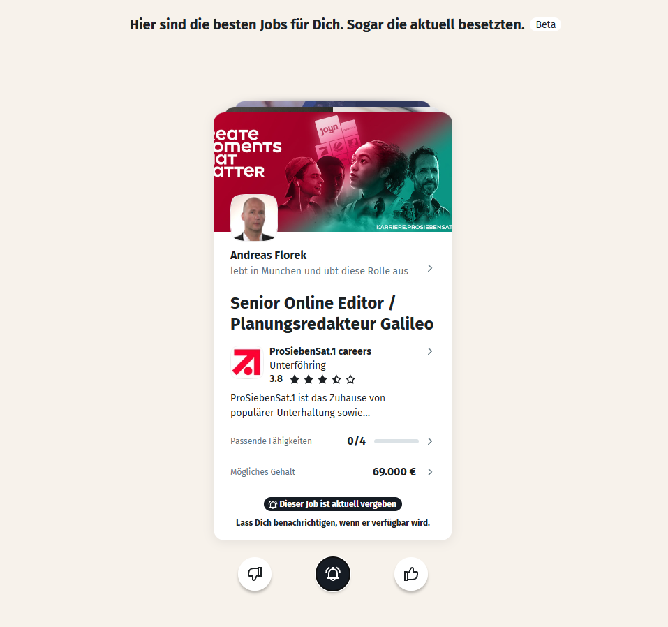 Eine Jobkarte in XINGs Betaversion des neuen AI Tools, © XING