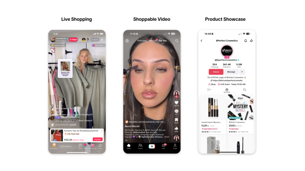 So sehen die Produktintegrationen im TikTok Shop aus, © TikTok, Smartphone Mockups, weißer Hintergrund