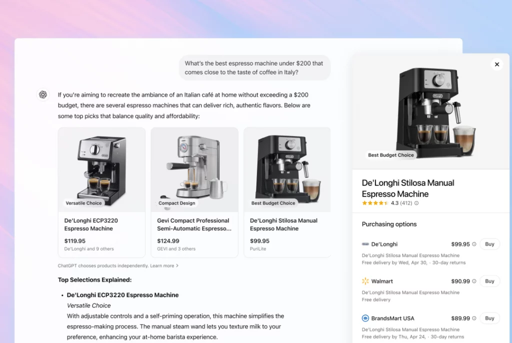 Screenshot aus ChatGPT: Drei Espressomaschinen mit Preis, Bewertung und Kaufoptionen bei verschiedenen Händler:innen, dargestellt in Produktkarten.