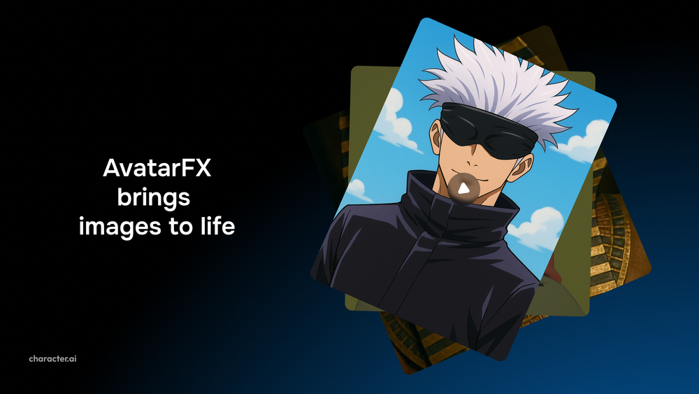 Anime-ähnlicher KI-Avatar mit weißem Haar und Sonnenbrille auf blauem Hintergrund, Teil der AvatarFX-Funktion von Character.AI.

