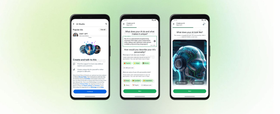 Drei Smartphone Screens zeigen die neue WhatsApp-Funktion zur Erstellung personalisierter KI-Chatbots im AI Studio mit Beschreibung, Persönlichkeitseinstellungen und Avatar-Auswahl.
